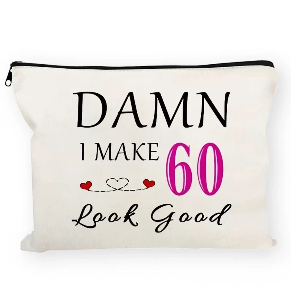 60th Birthday Cosmetic Pouch - White with Black & Pink Accent